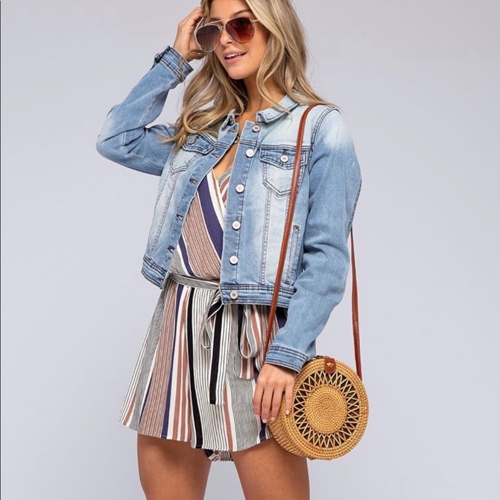 Magnolia boutique faux wrap purple striped romper